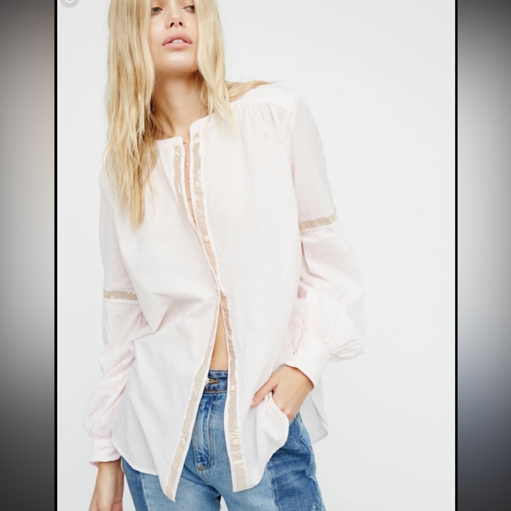 Free People Blush Pink Button-down Blouse w/ Metallic Trim Size XS